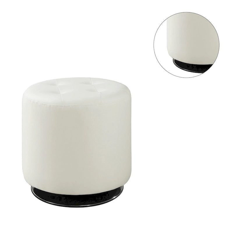 White Tufted Round Ottoman with Chrome Base