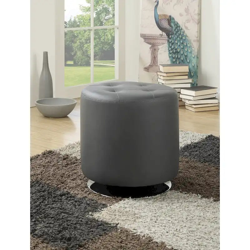 White Tufted Round Ottoman with Chrome Base