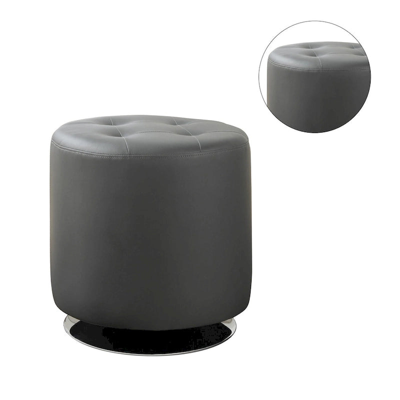 White Tufted Round Ottoman with Chrome Base
