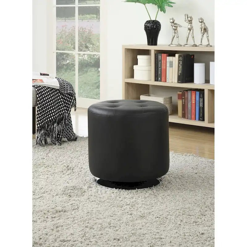 White Tufted Round Ottoman with Chrome Base
