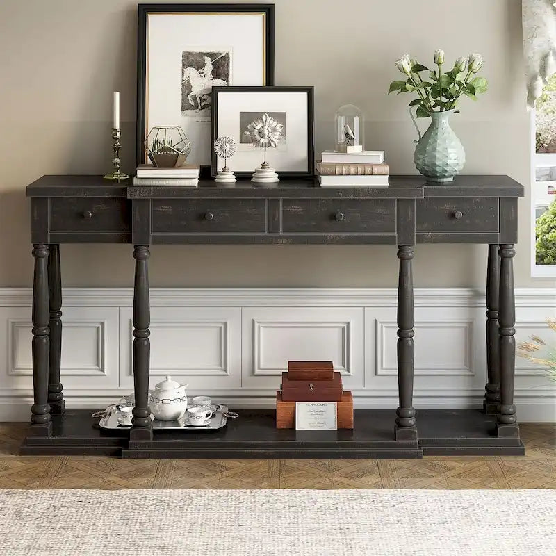 Retro Senior 4-Drawer 1-Shelf Console Table, Classic Entrance Display Table Entryway Table, Storage Sofa Table