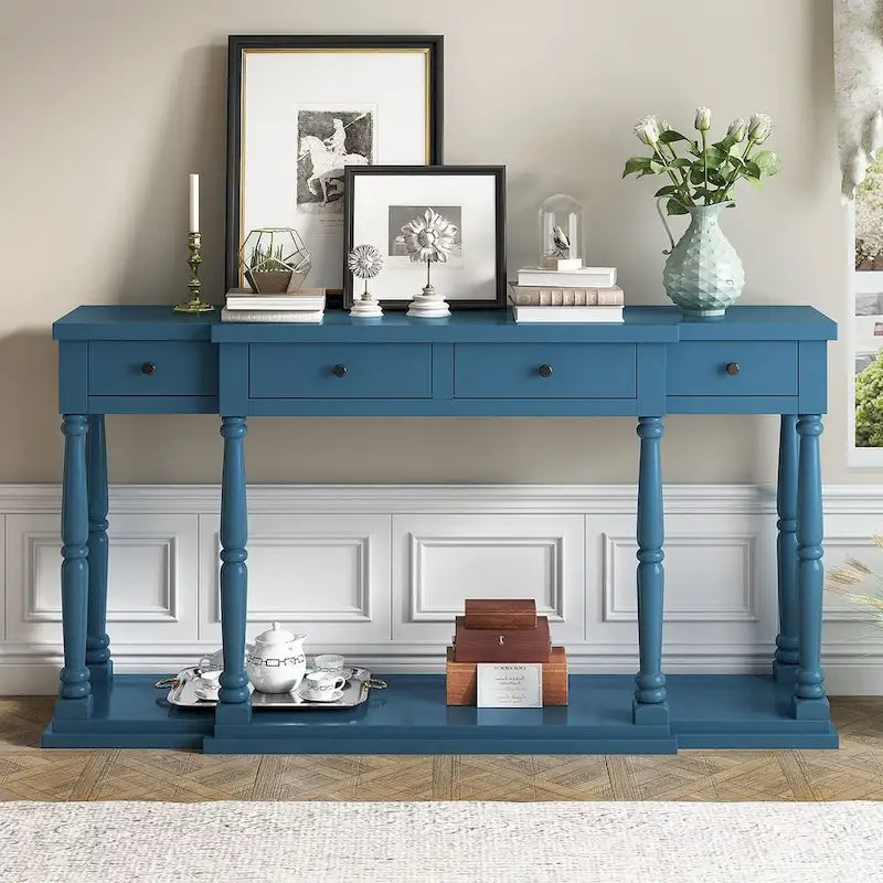Retro Senior 4-Drawer 1-Shelf Console Table, Classic Entrance Display Table Entryway Table, Storage Sofa Table