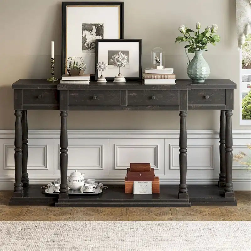 Retro Senior 4-Drawer 1-Shelf Console Table, Classic Entrance Display Table Entryway Table, Storage Sofa Table