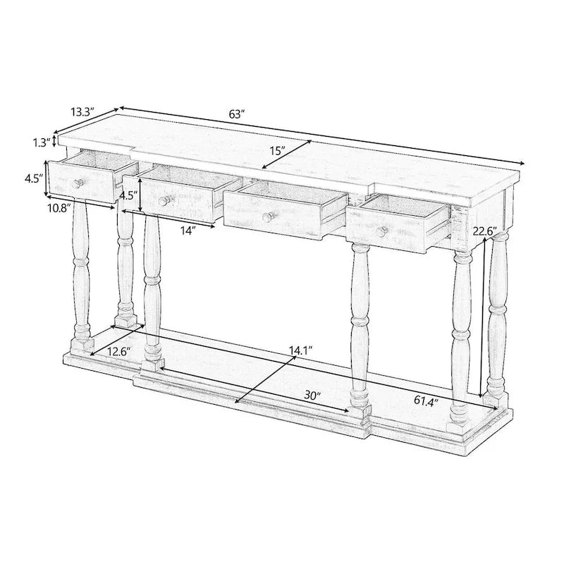 Retro Senior 4-Drawer 1-Shelf Console Table, Classic Entrance Display Table Entryway Table, Storage Sofa Table