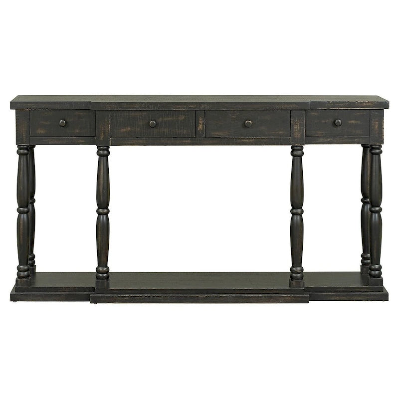Retro Senior 4-Drawer 1-Shelf Console Table, Classic Entrance Display Table Entryway Table, Storage Sofa Table