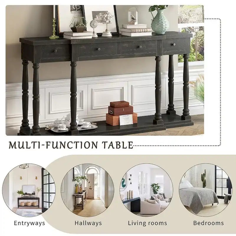 Retro Senior 4-Drawer 1-Shelf Console Table, Classic Entrance Display Table Entryway Table, Storage Sofa Table