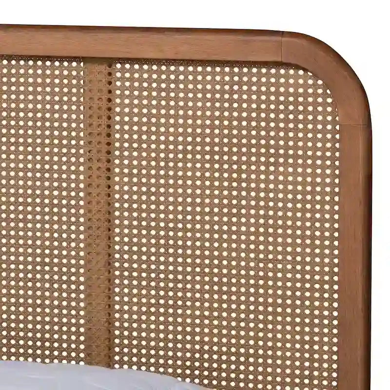 Elston Mid-Century Modern Synthetic Rattan Wood Platform Bed -Walnut