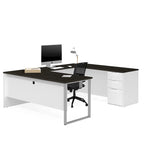 Grey U-Shaped Desk with Pedestal and Silver Metal Legs