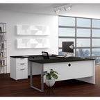 Grey U-Shaped Desk with Pedestal and Silver Metal Legs