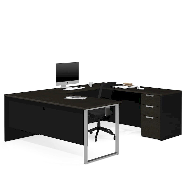 Grey U-Shaped Desk with Pedestal and Silver Metal Legs