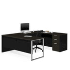 Grey U-Shaped Desk with Pedestal and Silver Metal Legs