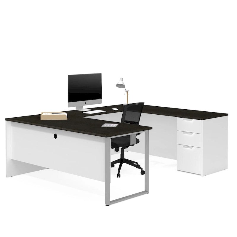 Grey U-Shaped Desk with Pedestal and Silver Metal Legs
