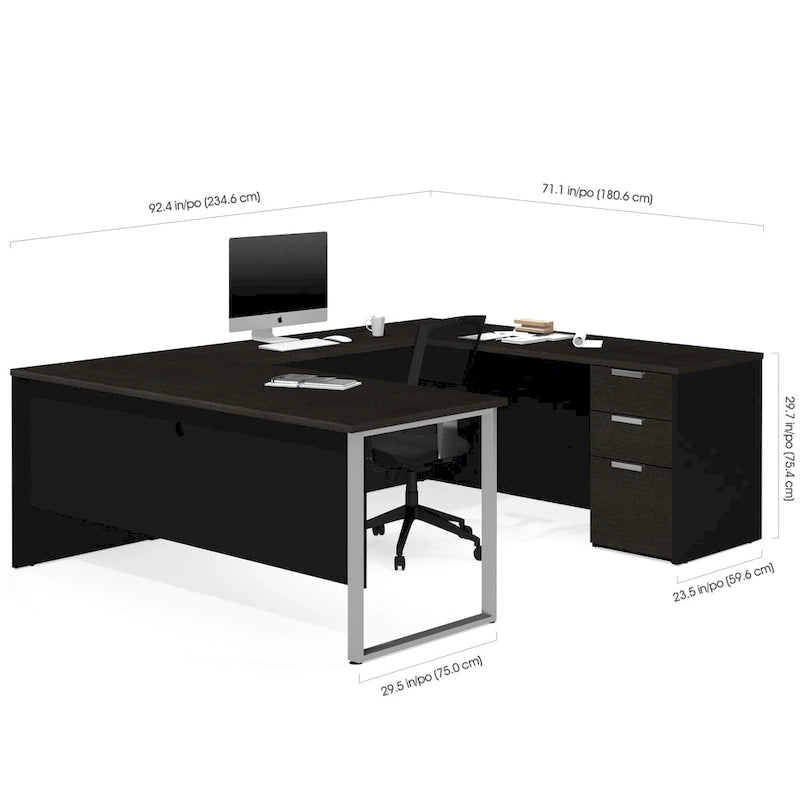 Grey U-Shaped Desk with Pedestal and Silver Metal Legs