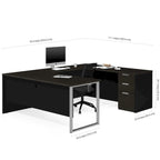 Grey U-Shaped Desk with Pedestal and Silver Metal Legs