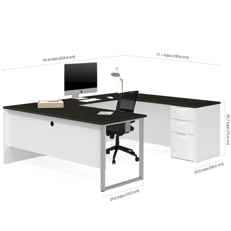 Grey U-Shaped Desk with Pedestal and Silver Metal Legs
