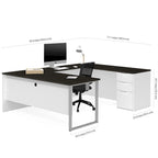 Grey U-Shaped Desk with Pedestal and Silver Metal Legs