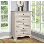 Roundhill Furniture Renova Distressed Parchment Wood Bedroom Set with Panel Bed, Dresser, Mirror, Nightstand, Chest