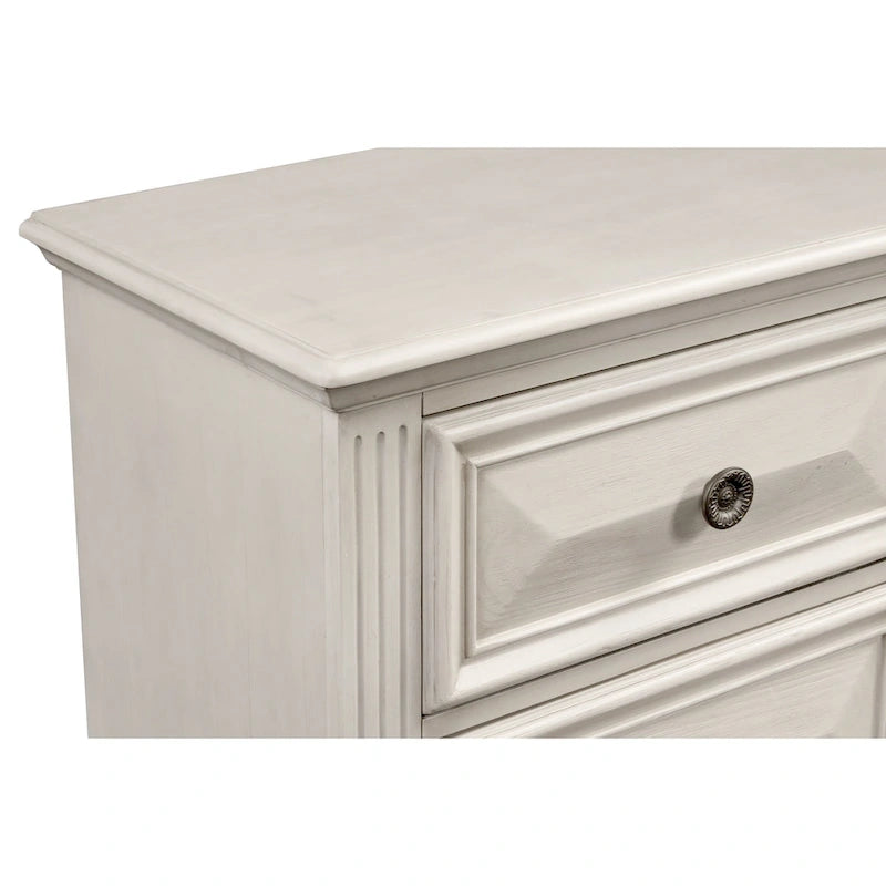 Roundhill Furniture Renova Distressed Parchment Wood Bedroom Set with Panel Bed, Dresser, Mirror, Nightstand, Chest