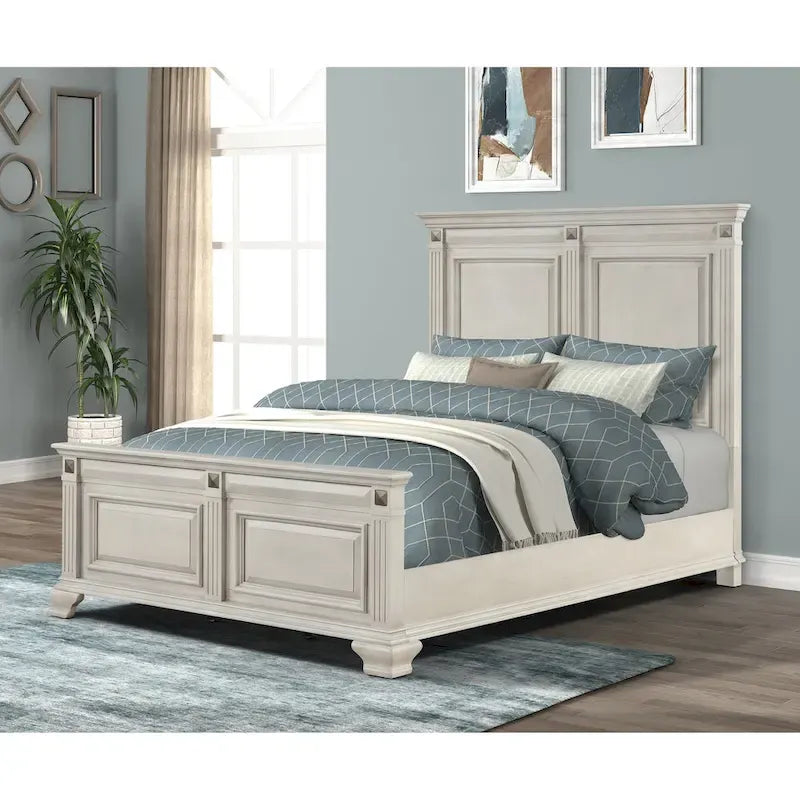 Roundhill Furniture Renova Distressed Parchment Wood Bedroom Set with Panel Bed, Dresser, Mirror, Nightstand, Chest