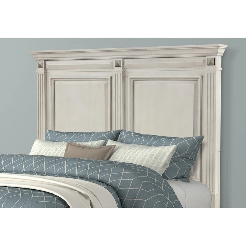 Roundhill Furniture Renova Distressed Parchment Wood Bedroom Set with Panel Bed, Dresser, Mirror, Nightstand, Chest