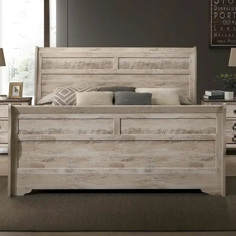 Roundhill Furniture Imerland Contemporary White Wash Finish Bedroom Set with Sleigh Bed, Dresser, Mirror, Two Nightstands