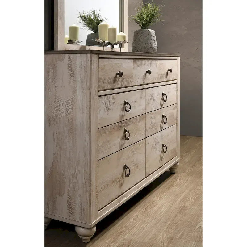 Roundhill Furniture Imerland Contemporary White Wash Finish Bedroom Set with Sleigh Bed, Dresser, Mirror, Two Nightstands