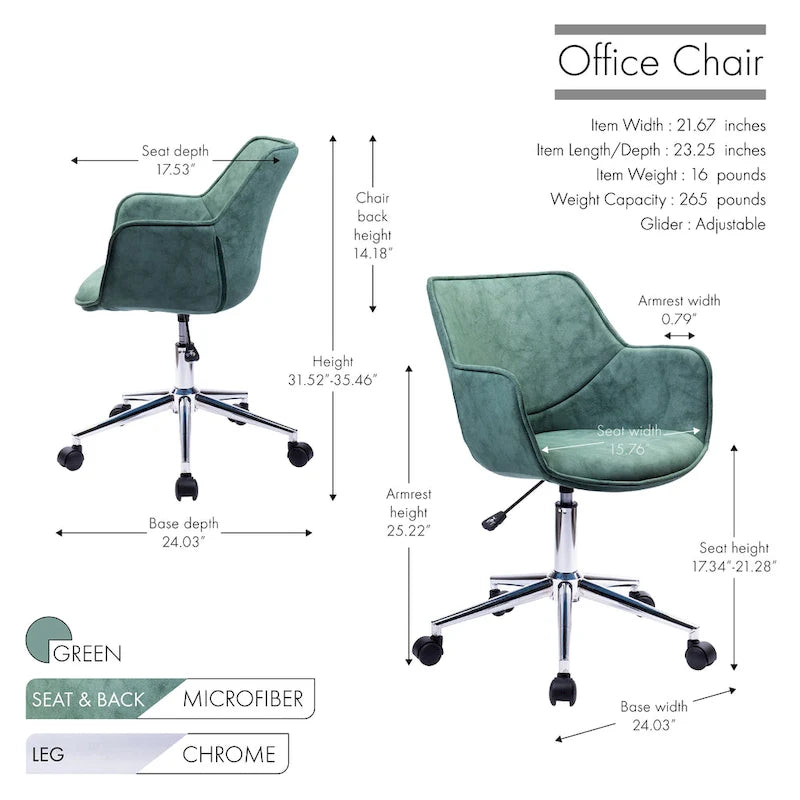 Porthos Home Xen Adjustable Office Chair, Microfiber, Chrome Base