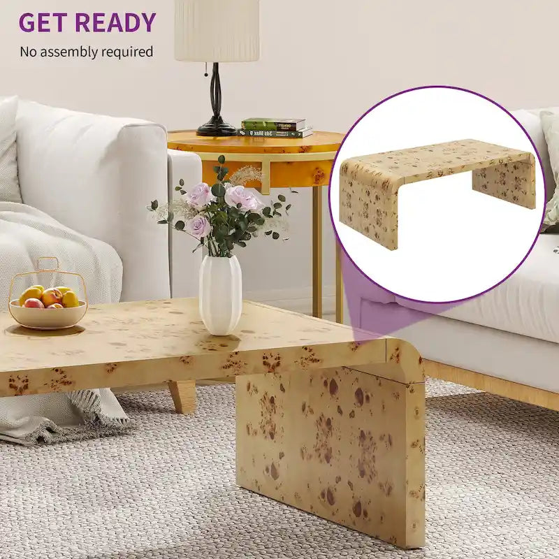 Brown Arched U-Shaped Coffee Table with Burl Veneer