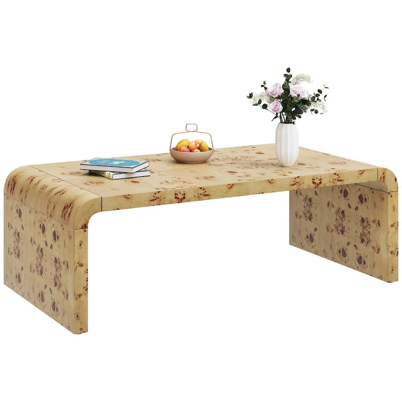 Brown Arched U-Shaped Coffee Table with Burl Veneer