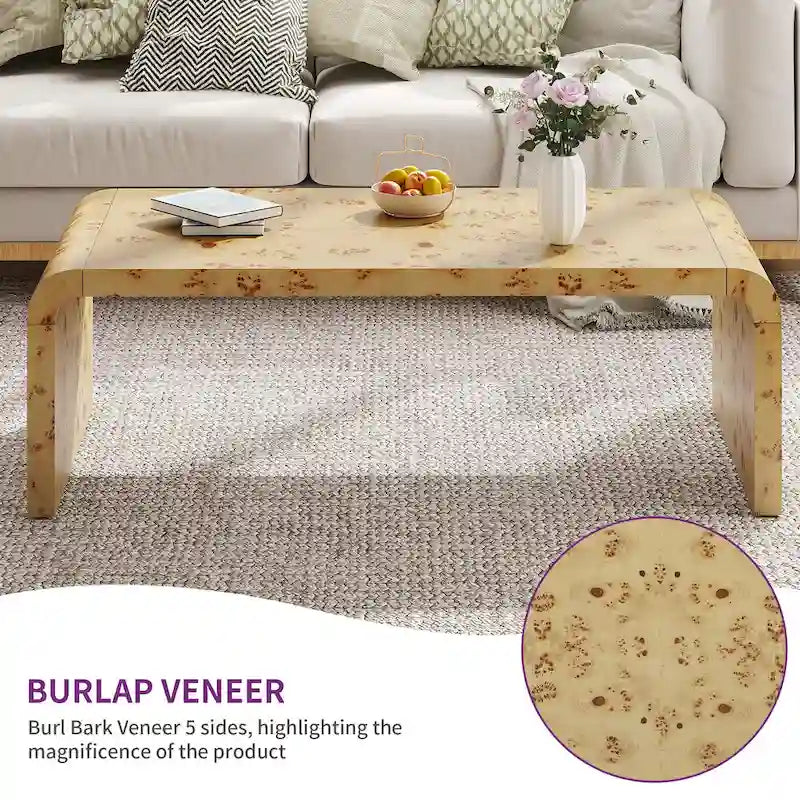 Brown Arched U-Shaped Coffee Table with Burl Veneer