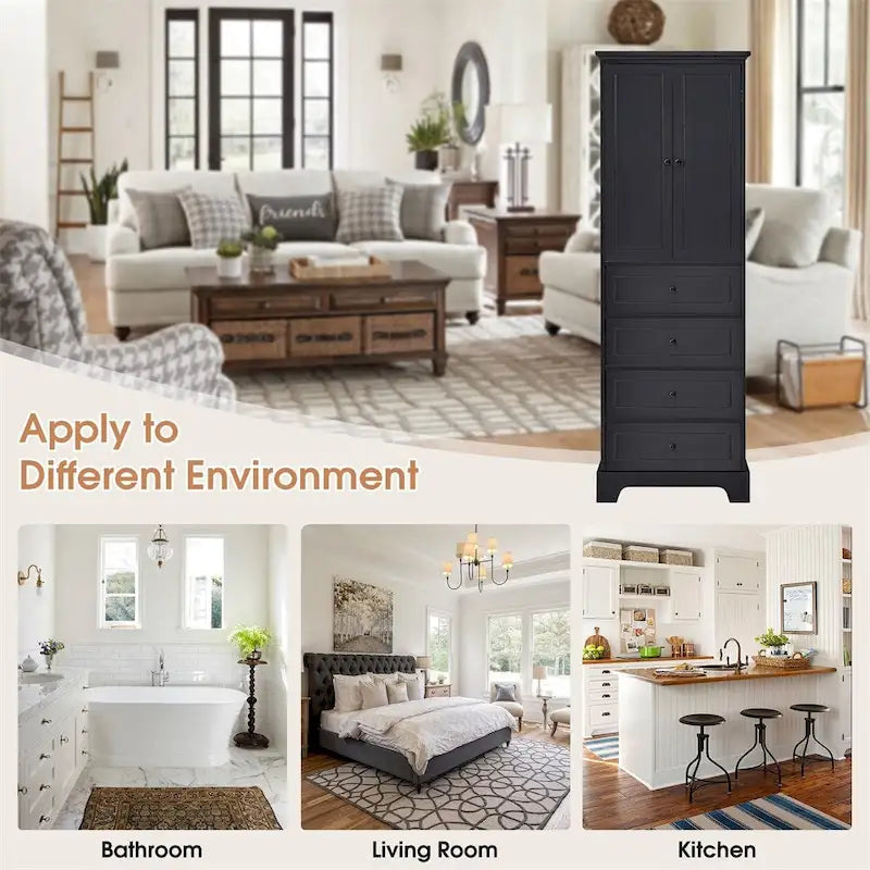 Wooden Storage Cabinet with 2 Doors and 4 Drawers, Adjustable Shelf