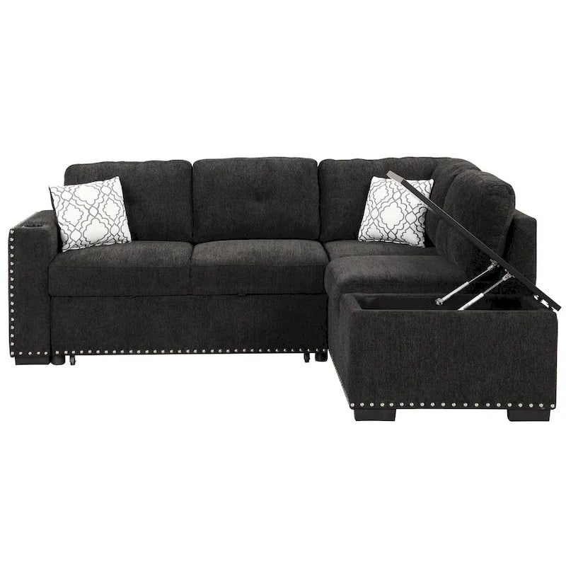 83.8 Sectional Pull-Out Sofa Bed L-Shaped Corner Sofa Couch with Storage Chaise, USB Ports, Power Sockets, Cup Holder for Livin