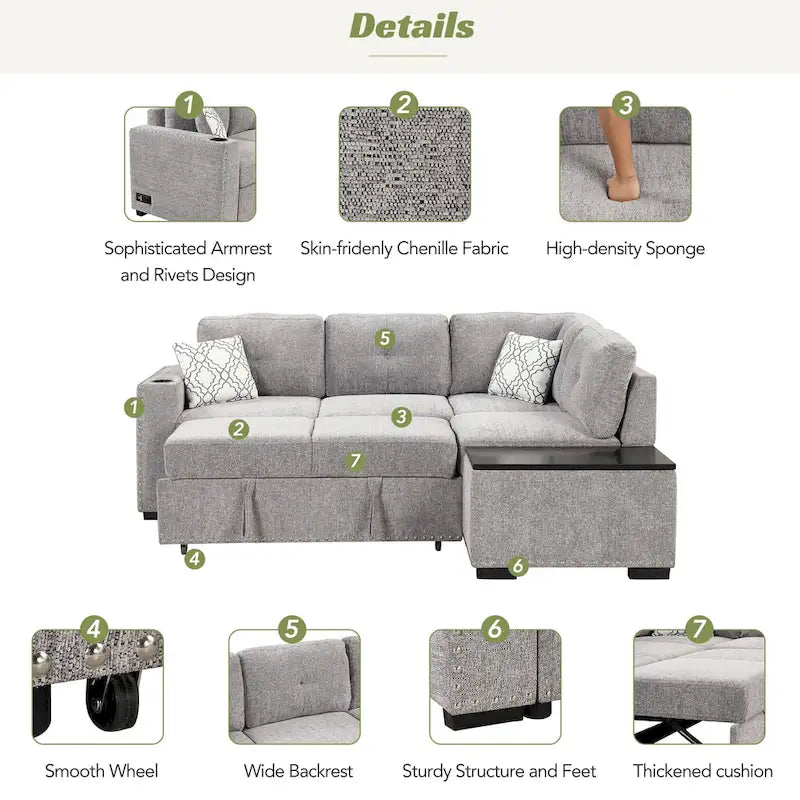 83.8 Sectional Pull-Out Sofa Bed L-Shaped Corner Sofa Couch with Storage Chaise, USB Ports, Power Sockets, Cup Holder for Livin