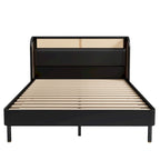 Modern Cannage Rattan Wood Platform Queen Bed, Black