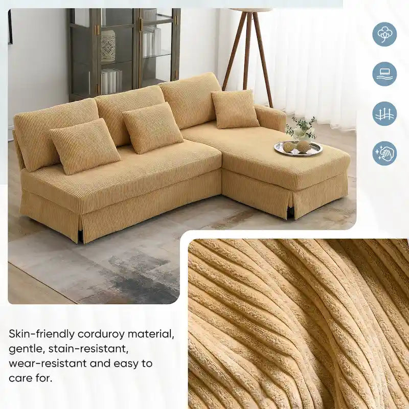 [VIDEO provided][New]87*61Modern L-shaped Corduroy Sofa with Reversible Chaise,4-seat Upholstered Sectional Indoor Furniture,Co