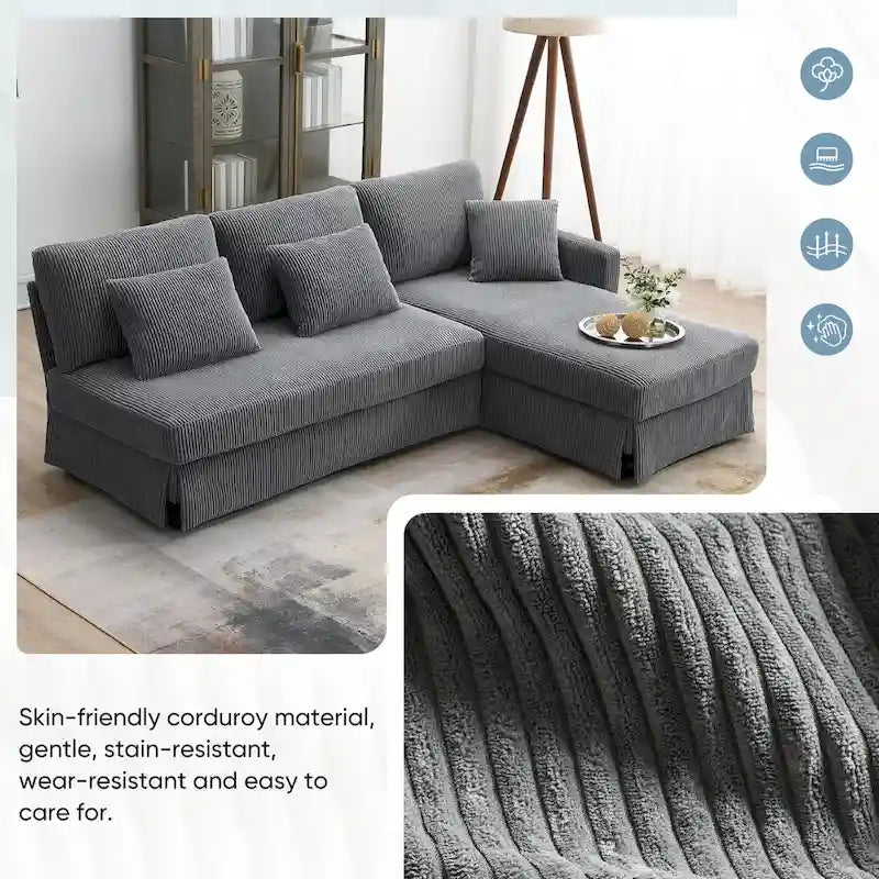 [VIDEO provided][New]87*61Modern L-shaped Corduroy Sofa with Reversible Chaise,4-seat Upholstered Sectional Indoor Furniture,Co