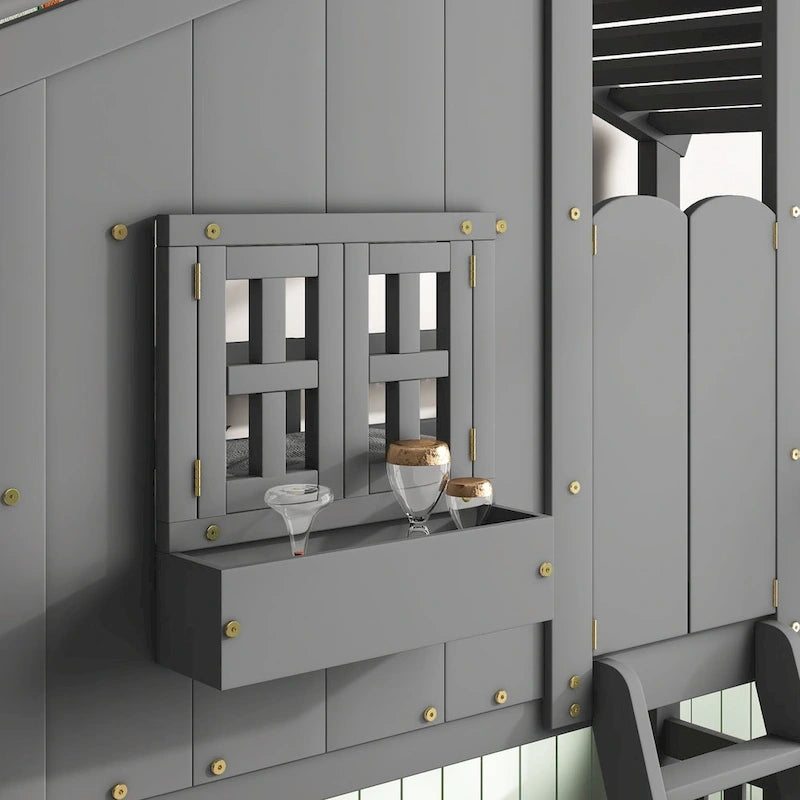 Twin over Twin House Bunk Bed with Roof , Window, Window Box, Door , with Safety Guardrails and Ladder, Grey