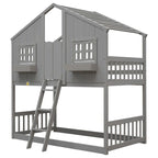 Twin over Twin House Bunk Bed with Roof , Window, Window Box, Door , with Safety Guardrails and Ladder, Grey