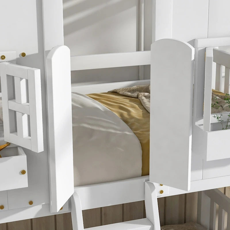 Twin over Twin House Bunk Bed with Roof , Window, Window Box, Door , with Safety Guardrails and Ladder, Grey