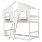 Twin over Twin House Bunk Bed with Roof , Window, Window Box, Door , with Safety Guardrails and Ladder, Grey
