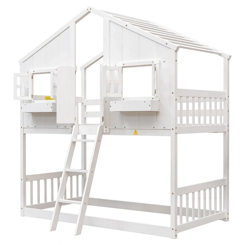 Twin over Twin House Bunk Bed with Roof , Window, Window Box, Door , with Safety Guardrails and Ladder, Grey