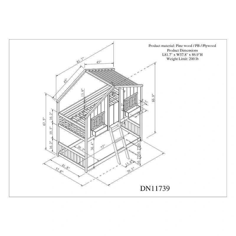 Twin over Twin House Bunk Bed with Roof , Window, Window Box, Door , with Safety Guardrails and Ladder, Grey