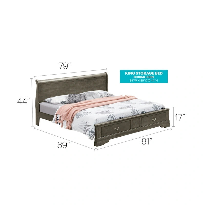 Louis Philippe King Storage Wood Panel Bed
