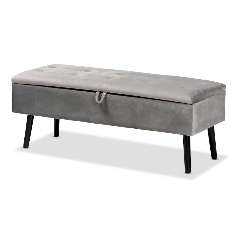 Black Velvet Button-Tufted Storage Bench