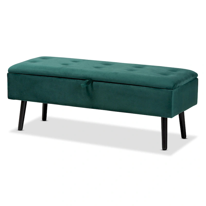 Black Velvet Button-Tufted Storage Bench