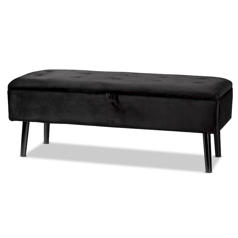 Black Velvet Button-Tufted Storage Bench