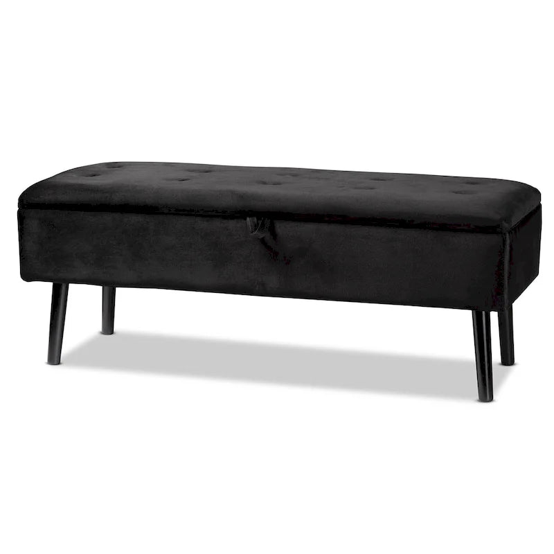 Black Velvet Button-Tufted Storage Bench