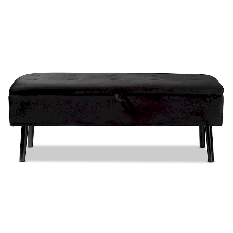Black Velvet Button-Tufted Storage Bench