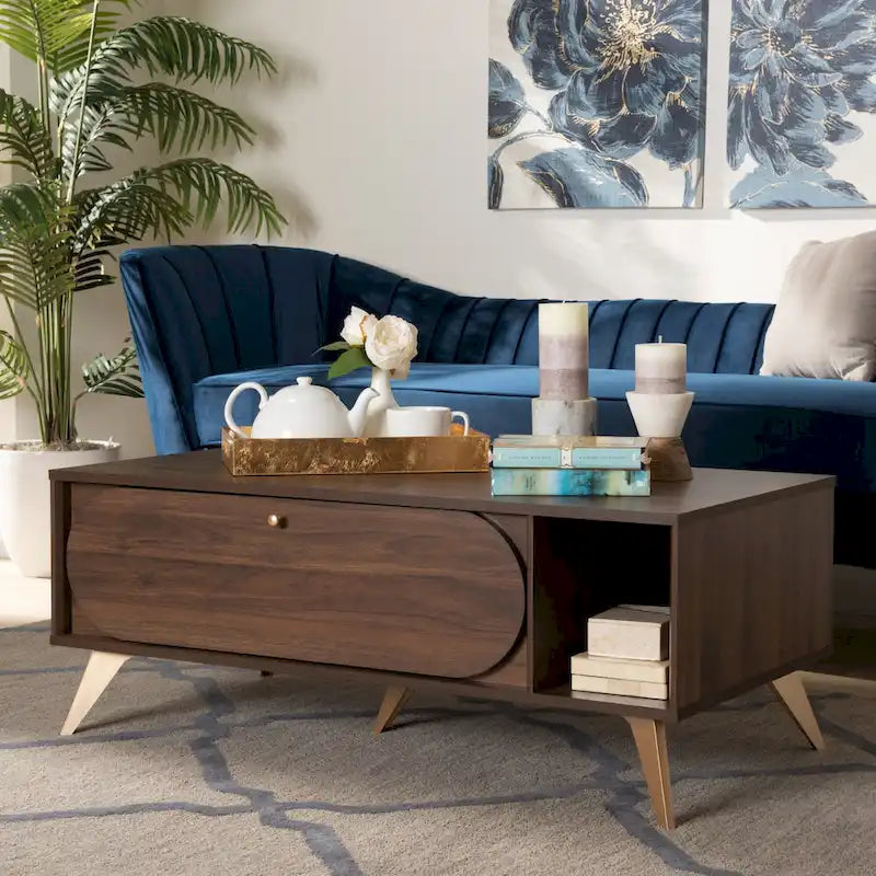 Edel Mid-Century Walnut Brown and Gold Finished Wood Coffee Table