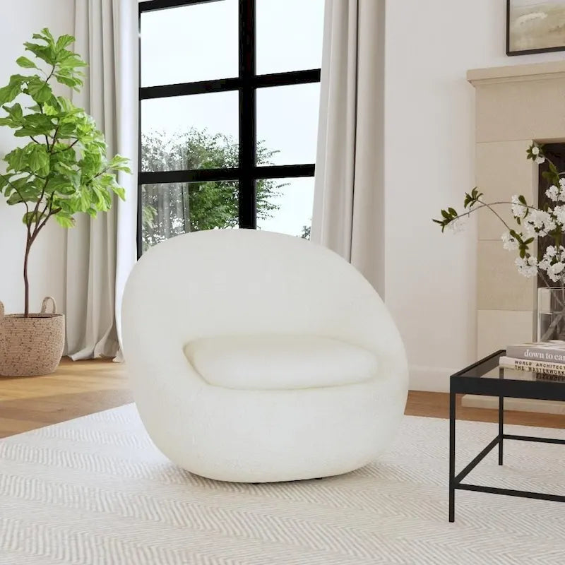 White Sherpa Barrel Swivel Chair with Removable Cushion